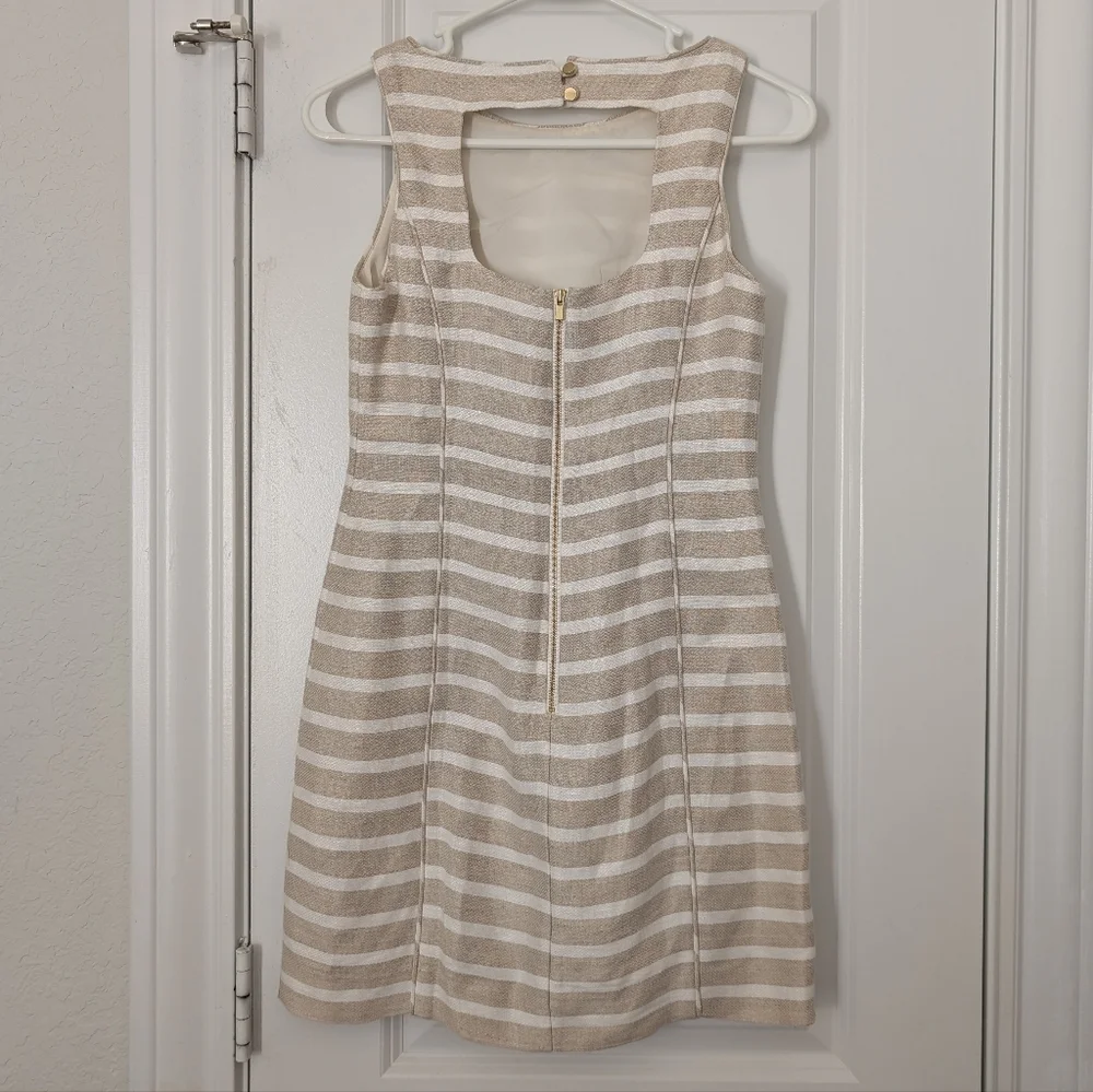 Banana Republic Neutral Stripe Linen Blend Sleeveless Summer Sheath Dress - Picture 7 of 10
